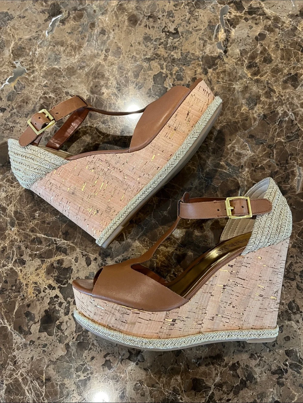 🆕 Lauren Ralph Lauren Sheila Gold Metallic Cork Platform T-Strap Leather Sandals